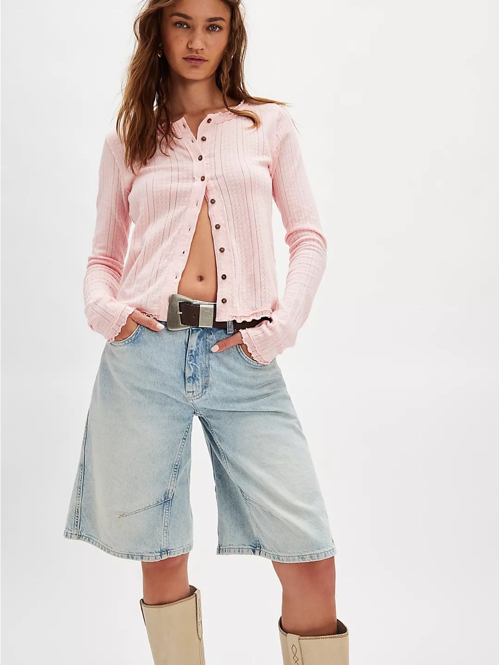 Free People We The Free Penny Pointelle Cardi Rose Blush Size Medium NWOT